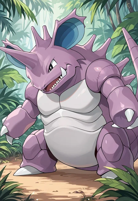 (source_anime, score_9, score_8_up, score_7_up:1), solo male, nidoking, feral, looking to the side, smile, outdoors, jungle