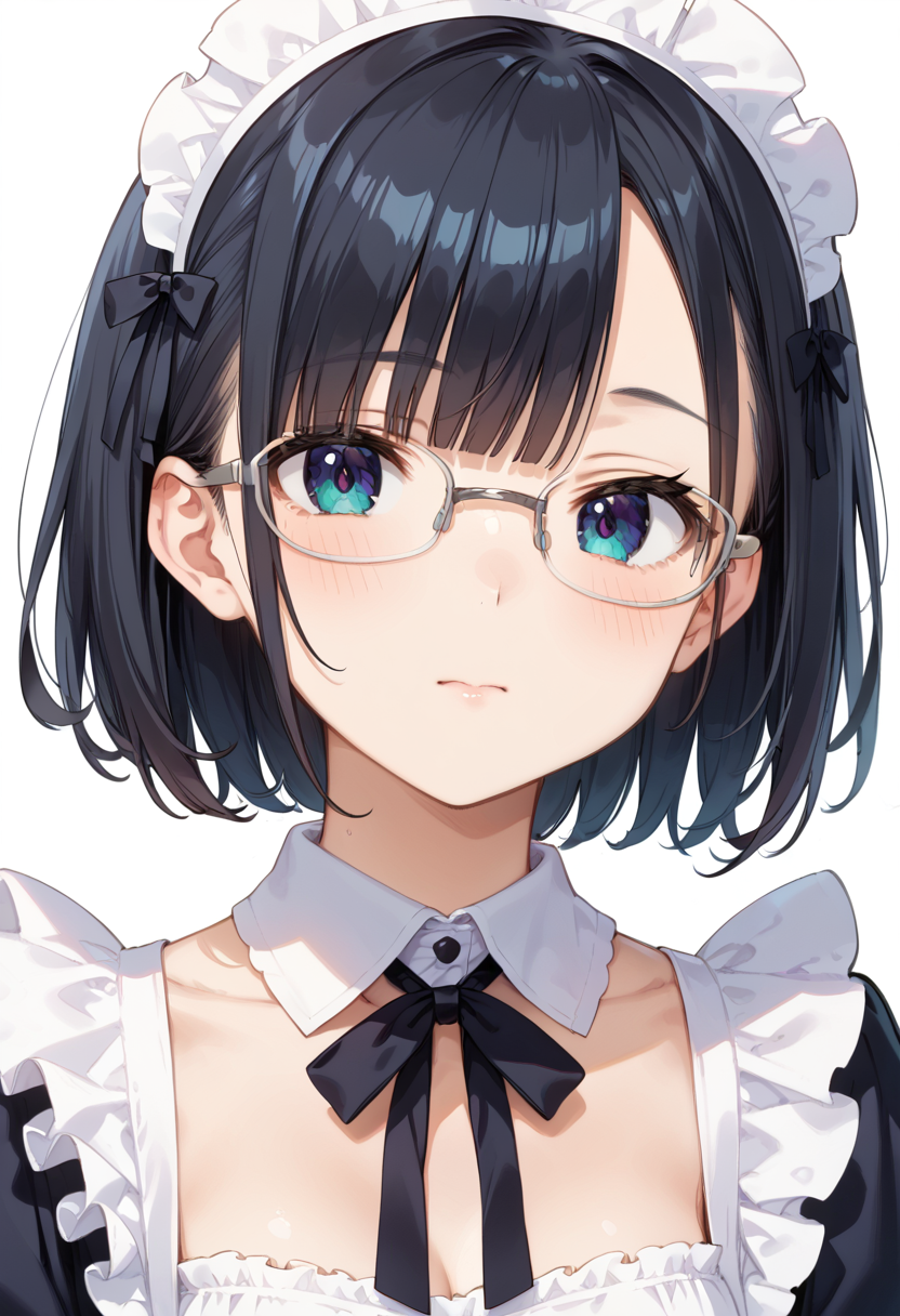 score_9, score_8_up, score_7_up, rating_safe, masterpiece, best quality, absurdres, unity 8k wallpaper, official art, official style, source_anime, uncensored, game cg, megami magazine,
1girl, solo, black hair, medium hair, upper body, covered eyes,maid, maid headdress, black dress, maid apron, face focus,
halfrim22A,  still life, white background, simple background, grey-framed eyewear,
 <lora:glasses_halfrim22A_PONY_V1:1>