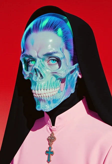 A highly stylized, high-resolution photograph featuring a person dressed as a nun with a futuristic gothic twist. Their face is concealed by an intricate skull mask made entirely of minute water jelly, glowing with vibrant hues of electric blue, neon green, and deep violet, shifting fluidly like a living organism. The translucent nature of the mask refracts light, creating an ethereal effect, while the hollow eye sockets and grinning mouth appear to ripple with movement. The subject’s striking blue eyes pierce through the glowing jelly, intensifying the surreal contrast. Their hair is hidden beneath a traditional black habit, seamlessly extending from the head covering to the neckline. The nun’s habit is an unexpected pale pink, featuring a high collar and a cross emblem at the chest, blending religious iconography with an avant-garde aesthetic. The background is a deep crimson red, amplifying the glowing hues of the mask and enhancing the dramatic atmosphere. Every detail, from the fluid luminescence of the skull mask to the soft yet structured fabric of the habit, is rendered with a hyper-realistic texture. The fusion of classic religious attire with cyber-gothic, surreal, and horror-inspired elements results in a visually striking, thought-provoking composition, turning the subject into a mesmerizing piece of living visual art. ArsMJStyle, Colored pencil hyperdetailed realism