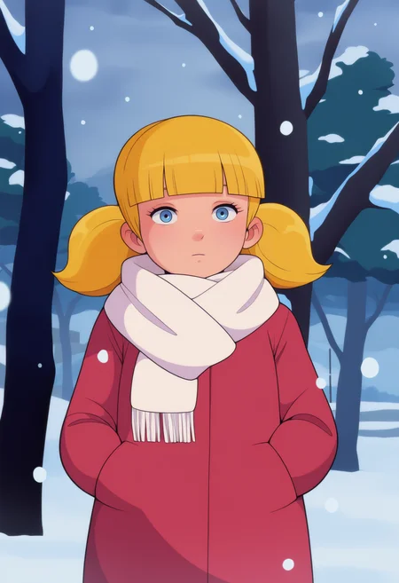 masterpiece, best quality, very aesthetic, absurdres,
1girl, penny, blonde hair, twintails, blunt bangs, blue eyes,
winter clothes, white scarf, coat,
expressionless, looking at viewer, outdoors, snow, snowing, solo, tree, winter <lora:PennyNoobXL_byKonan:1>