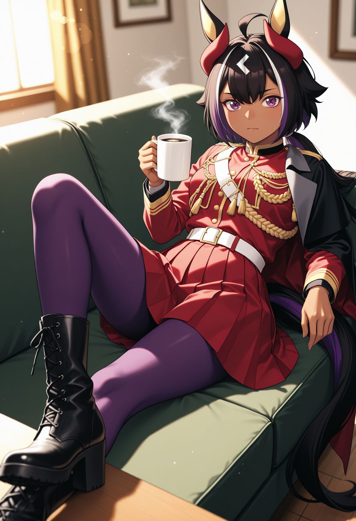 masterpiece,best quality,absurdres,highres,very aesthetic,high quality,detailed,insanely detailed,beautiful,perfect lighting, ,depth of field,blurry background,bokeh, holding mug of coffee, living room background, laid back, sitting on couch, sunlight, looking at viewer, foot on table, cozy, high resolution, ultra-detailed, absurdres,
 <lora:Mill Wakaba illu:1> 1girl, dark skin, dark-skinned female animal ears, horse girl, horse tail, cross-shaped pupils, purple eyes, streaked hair, ahoge, multicolored hair, black hair, white hair, low ponytail, long sleeves, red jacket, epaulettes, aiguillette, belt, black cape, red skirt, pleated skirt, black footwear, boots, purple pantyhose,