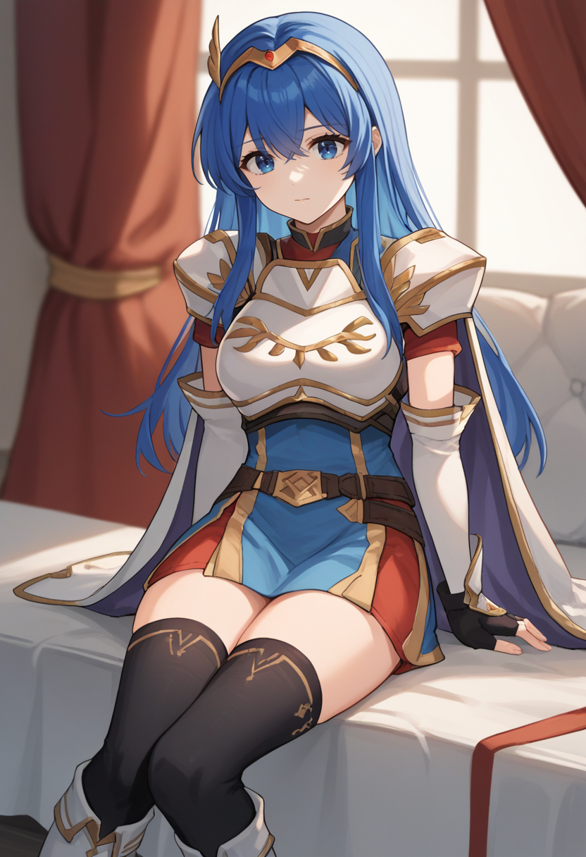 score_9, score_8_up, score_7_up, source_anime BREAK 1girl, solo, <lora:caeda-fe-richy-v1_pdxl:1> caedaatt, blue eyes, blue hair, long hair, bangs, tiara, red and blue dress, white shoulder armor, breastplate, cape, multiple belts, black gloves, elbow gloves, fingerless gloves, elbow gloves, black thighhighs, thighs, white boots, sitting, pov