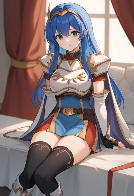 score_9, score_8_up, score_7_up, source_anime BREAK 1girl, solo, <lora:caeda-fe-richy-v1_pdxl:1> caedaatt, blue eyes, blue hair, long hair, bangs, tiara, red and blue dress, white shoulder armor, breastplate, cape, multiple belts, black gloves, elbow gloves, fingerless gloves, elbow gloves, black thighhighs, thighs, white boots, sitting, pov