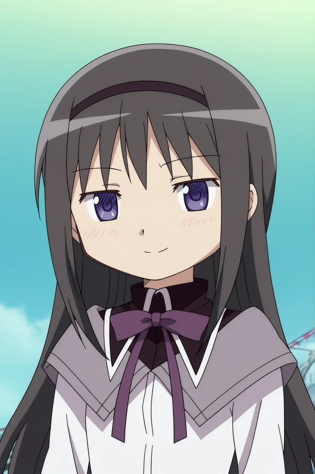 rating_safe, anime screencap, consistent background, Homura Akemi, light smile, upper body <lora:Madoka-Homura_Akemi-PDXL:0.8>,