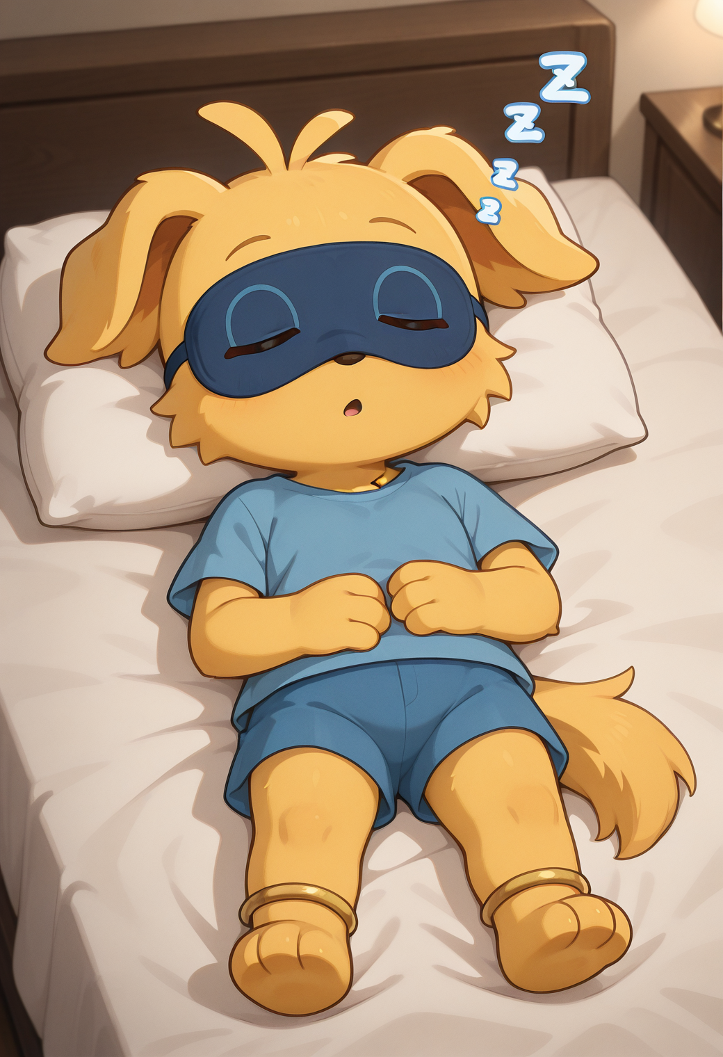 masterpiece, best quality, very aesthetic, newest, thronglet, furry, solo, yellow fur, blue shirt, blue shorts, in bed, under covers, sleeping mask, zzz