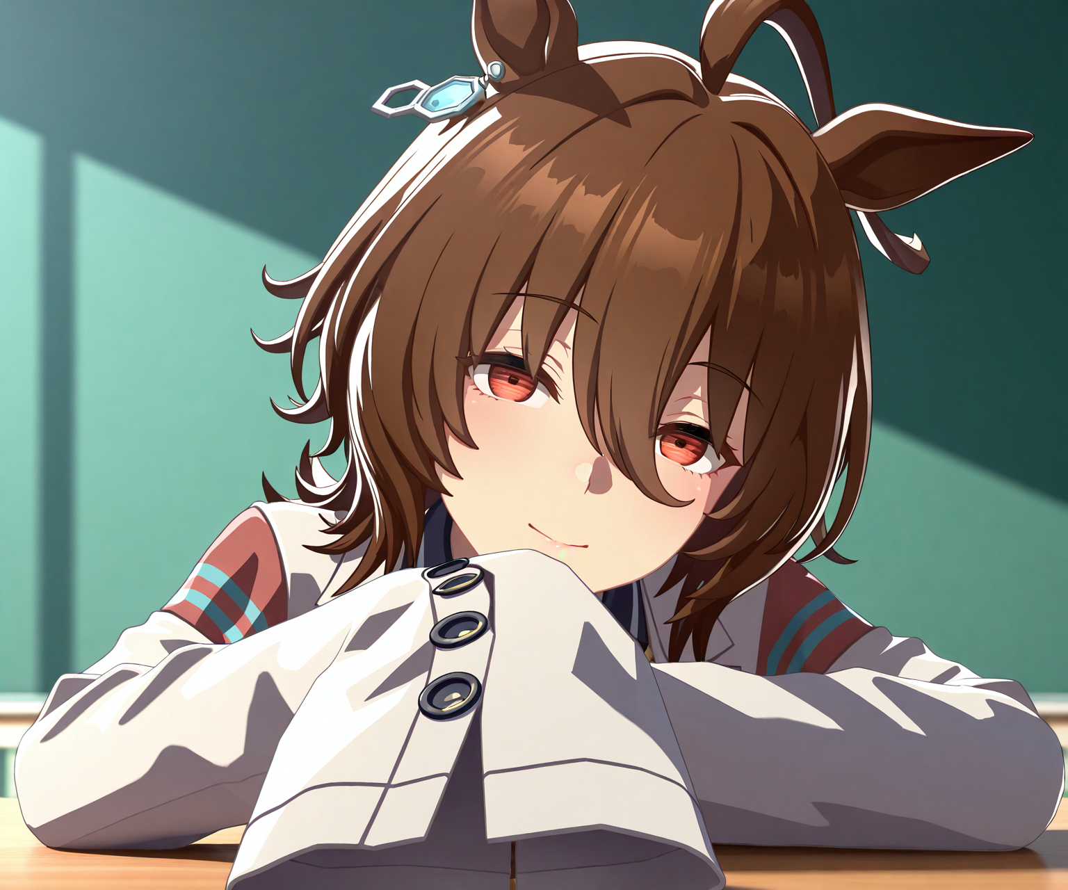 masterpiece, best quality, amazing quality, , 1girl, solo,  looking at viewer,  <lora:Agnes Tachyon in game style 3D ILL-v2.1:1>  ummsmingame, 3d,  agnes tachyon \(umamusume\),  sleeves past fingers