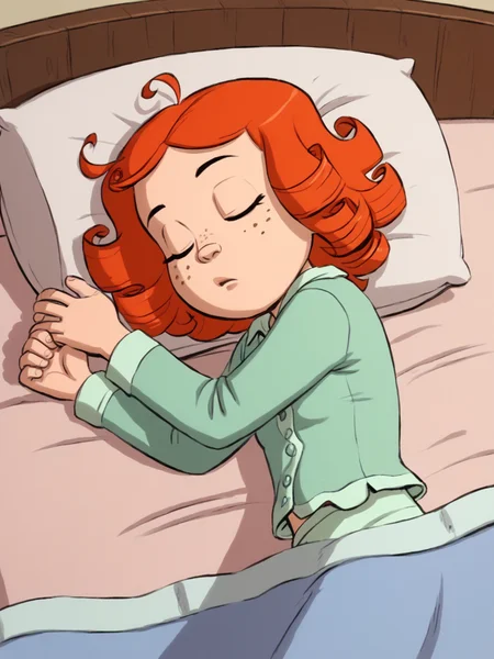 score_9, score_8_up, score_7_up, score_6_up, BREAK, M4rg4r3t, 1girl, solo, red hair, curly hair, freckles, pajamas, in bed, pillow, under blanket, sleeping, on side <lora:Margaret_Wade_P:0.8>