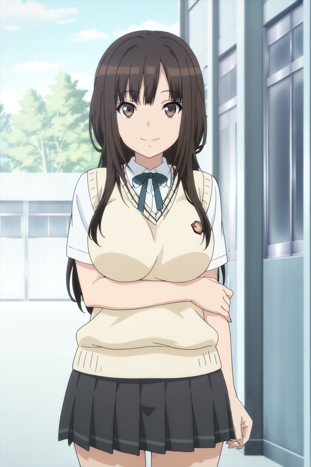 anime screenshot, kamizaki makoto, 1girl, solo, black hair, long hair, brown eyes, large breasts, school uniform, kibito high school uniform, white shirt, collared shirt, short sleeves, yellow sweater vest, green ribbon, neck ribbon, grey skirt, pleated skirt, looking at viewer, smile, arm under breasts, hand on own arm, cowboy shot, outdoors, school, masterpiece, best quality, high quality, highres, absurdres, <lora:kamizaki_makoto_ILXL:0.9>