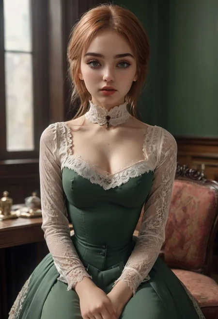 Ultrarealistic photo a busty college student woman sitting in a Victorian apartment, green and white Victorian dress with deep cleavage, white lace cuffs and choker, chiaroscuro, high dynamic range, vivid, highly detailed, extremely detailed background, skin texture, finely detailed hair, clear shadows and highlights, realistic, intense, enhanced contrast epic, gorgeous, heavy dark makeup, black eyeliner, running mascara, slutty, ((covered nipples)), thigh gap, (perky breasts, large areolas, big nipples, hard nipples, erect nipples), braless, erect nipples, dark nipples, Fixhand, UHD, perfect anatomy, (natural detailed skin texture:1.3), (realistic skin, freckles:0.75, moles:0.5), ( extremely detailed face, beautiful eyes, detailed eyes, symmetric eyes, open eyes, seductive eyes, slim face:1.2), eye catching, sharp, extremely detailed, subsurface scattering, remarkable color, ultra realistic, textured skin, realistic dull skin noise, visible skin detail, skin fuzz, dry skin, bokeh, sharp focus on subject, conysv3-1400