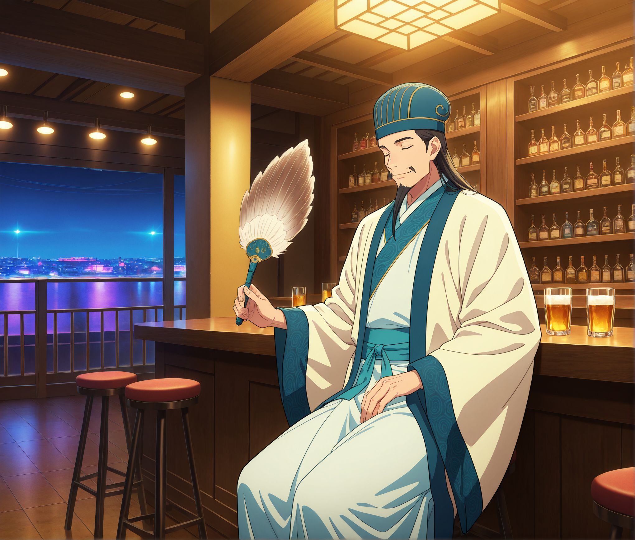 masterpiece,best quality,amazing quality,very aesthetic,absurdres,newest, huge filesize, 
<lora:spo_sdxl_10ep_4k-data_lora_webui:0.5>,anime screenshot, 2d anime,anime coloring, 
<lora:add-detail-xl:1>  
<lora:Paripi_Koumei_V1:0.8>
Paripi_KoumeiV1,
1boy,facial hair,  solo, 
chinese clothes,hanfu,standing,
long sleeves,wide sleeves,
long hair,hat,blue headwear,robe,mustache,    
closed mouth,sash,black hair,p_koumei,  light smile, 
 feather fan,    pub,bar stool, bartender, sitting,  holding cup,
 pub, indoors, night, shibuya \(tokyo\),  stage lights, disco,
