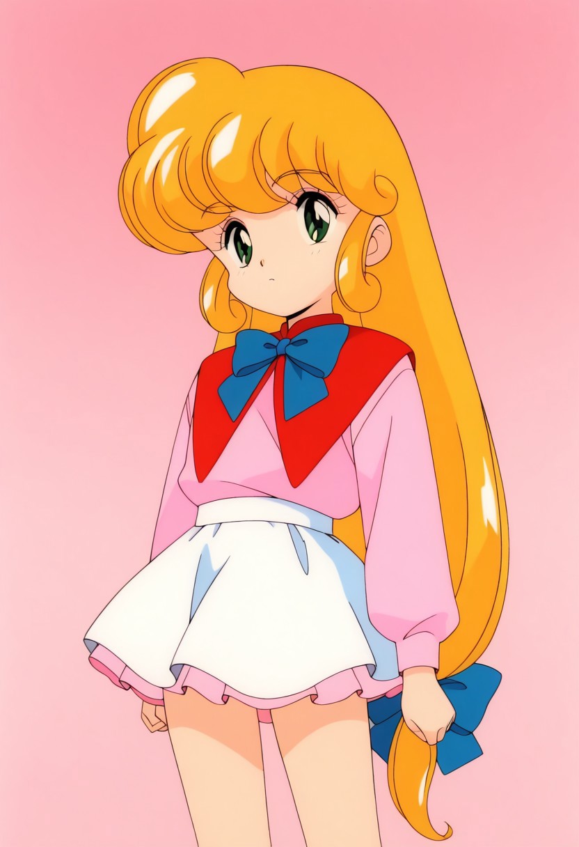 masterpiece, 1girl, m@rybell, solo, retro artstyle, blonde hair, green eyes, long hair, skirt, bow, base form