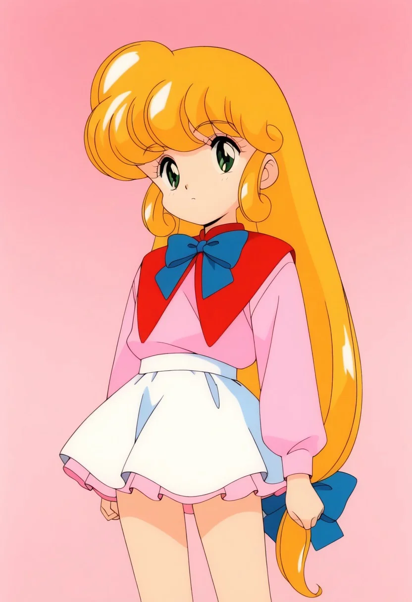 masterpiece, 1girl, m@rybell, solo, retro artstyle, blonde hair, green eyes, long hair, skirt, bow, base form