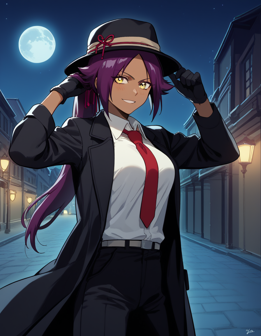 score_9, score_8_up, score_7_up, source_anime, <lora:yoruichi-shihouin-ponyxl-lora-nochekaiser:1> yoruichi shihouin, long hair, yellow eyes, ponytail, purple hair, dark skin, dark-skinned female, medium breasts, <lora:fedora-ponyxl-lora-nochekaiser:1>, fedora, hat, mob hat, black hat,, outdoors, night, moon, street, bolo tie, trench coat, hand on headwear, collar, gloves, necktie, pants, suit, looking at viewer, smile, blush, black coat, white vest,, solo, dutch angle, cowboy shot,