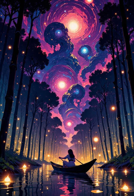 A surreal landscape where a girl glides in a gondola through a flooded bamboo forest, fireflies illuminating the scene above the water, the cosmic sky ablaze with magical lights and swirling galaxies, the atmosphere thick with an eerie beauty, captured with hyperrealism and vivid colors, generating a sense of awe and the uncanny, paying special attention to reflections and material textures.
DreamArt,
i11ustmin Illustration,