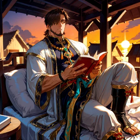 (sitting on a bed, sunset, backlight, orange sky, indoor, wooden house, bed sheet, pillow, reading a book)
<lora:Chao__Alchemist_Code-000003:.7>,tagatamechao, 1boy, dark brown hair, middle hair, see-through eye, hair over one eye, yellow eyes, eyeliner, solo, male focus, manly, mature male, bara, muscle body, robe, tangzhuang, no sleeves, gold trim, necklace, bracelet, tassel, pants, toeless footwear,
cowboy shot, 
(very short hair, beard, bara, mature, facial hair, stubble, beard, full beard, sideburn, beard, a lot of beard, ), facial hair,male focus, muscular male, muscular male, bara, mature,  bara, mature, aixiwuganda_(20222192), very awa, masterpiece, best quality, absurdres, newest, perfect quality, detailed background, intricate details,
<lora:slider_Body Type_alpha1.0_rank4_noxattn_last:3><lora:Anime Summer Days 2 Style SDXL_LoRA_Pony Diffusion V6 XL:.6><lora:slider_cfg_scale_boost:.7><lora:Artist6p:.55>, Artist6p, Artist04p,<lora:slider_il_brightness_slider_d1:-1><lora:slider_il_contrast_slider_d1:-1><lora:slider_DarkSlider1.2_alpha1.0_rank16_full_300steps:-.6><lora:slider_contract_controller_illus01_v1:.5>,