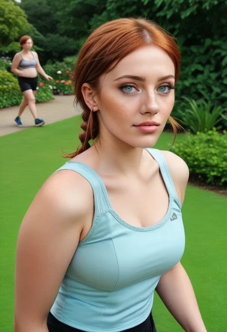 Fiona-Nobody, upper body photo from head to knees, photorealistic image of a 24-year old woman with auburn hair and blue eyes, bra, upper body, facial hair, looking at viewer, earrings, low-cut tank top and shorts, walking in the garden