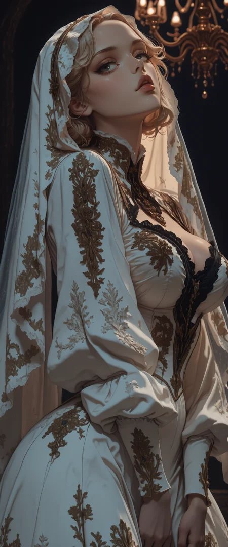 (absurdres, masterpiece, gradient, high_quality, newest, incredibly_absurdres, very aesthetic, blurry_background, grainy_texture blender_\(artwork\), zbrush_\(artwork\), raytraced, volumetric_lighting, digital_painting_\(artwork\) realistic)
(VCD-Illu, seductive, narrowed_eyes, 1girl, solo, dress, looking at viewer, white dress, blonde hair, realistic, embroidery, black background, veil, parted lips, backlighting, chandelier, red lips, long sleeves, cowboy shot, large breasts, blue eyes)