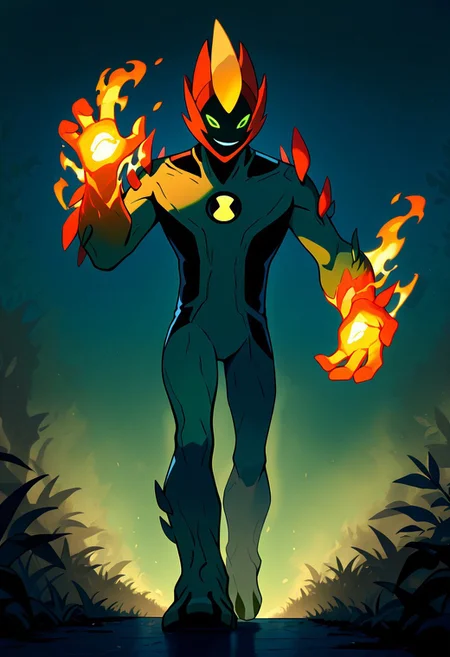 masterpiece, best quality, amazing quality, very aesthetic, absurdres, newest,
swampfire, colored skin, spikes, colored sclera, 1boy, green skin, green eyes, pokemon (creature), shoulder spikes, no humans, smile, green background, smiling,,
dark, glowing eyes, fire hands, walking, night time,