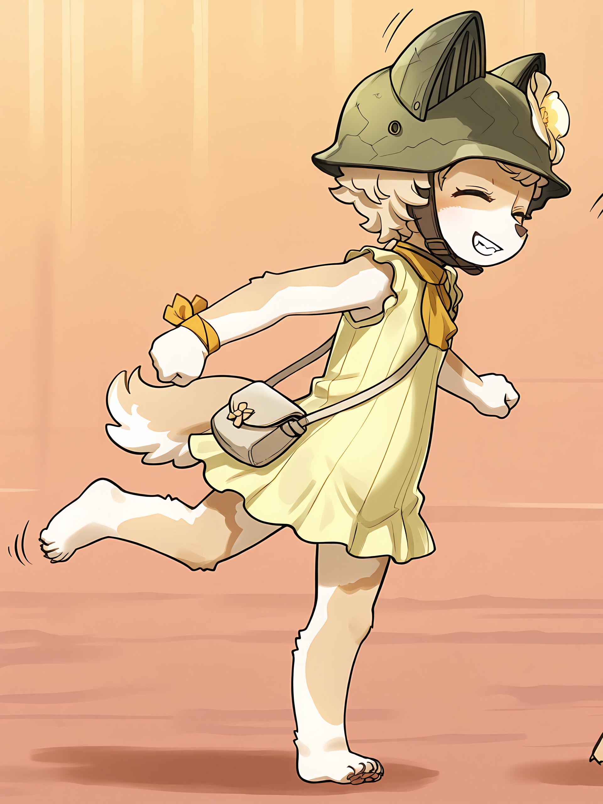 BREAK, <lora:Chick_Montblanc_Illustrious_V1:1>, Chick Montblanc, Fuga: Melodies of Steel, kemono, furry female, 1girl, dog girl, beige fur, white fur, multicolored fur, closed eyes, blonde hair, short hair, animal ears, dog ears, dog tail, paws, claws,
BREAK, Fuga 1 Outfit, barefoot, yellow dress, sleeveless, handbag, yellow neckerchief, wrist ribbon, helmet, flower on helmet,
BREAK, solo, full body, looking away, running, motion lines, grin,