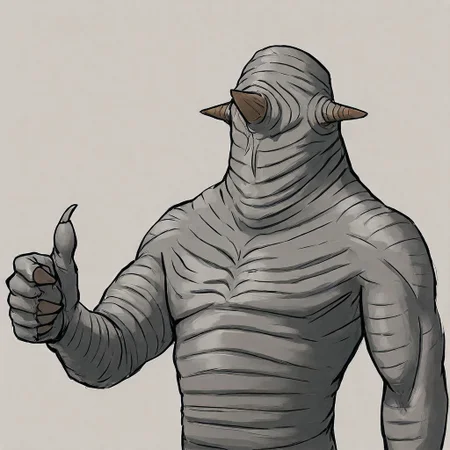 (masterpiece, best quality, detailed, absurd res), solo male, pascaH, monster, grey skin, no face, wrinkly body, horns, upper body, three quarter view, claws, (thumbs up), [biceps], simple background,