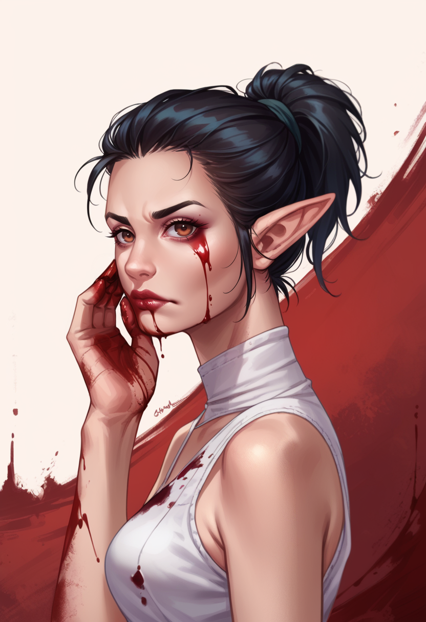 score_9, score_8_up, score_7_up, score_6_up, 1girl, solo, chin up, serious look, blood on face, upper body, from side view, white dress, blood on clothes, upper body, looking at viewer, hand on cheek,
red glow background, bloody, bloodied,
<lora:Krys_Decker_-_Artist_style:0.8> ss-krd_o,   <lora:Sebille_Kaleran_Divinity_Original_Sin_2-000003:0.7> SulfS-S3B1LL3, pointy ears, black hair, short hair, low ponytail, brown eyes, skinny, tall