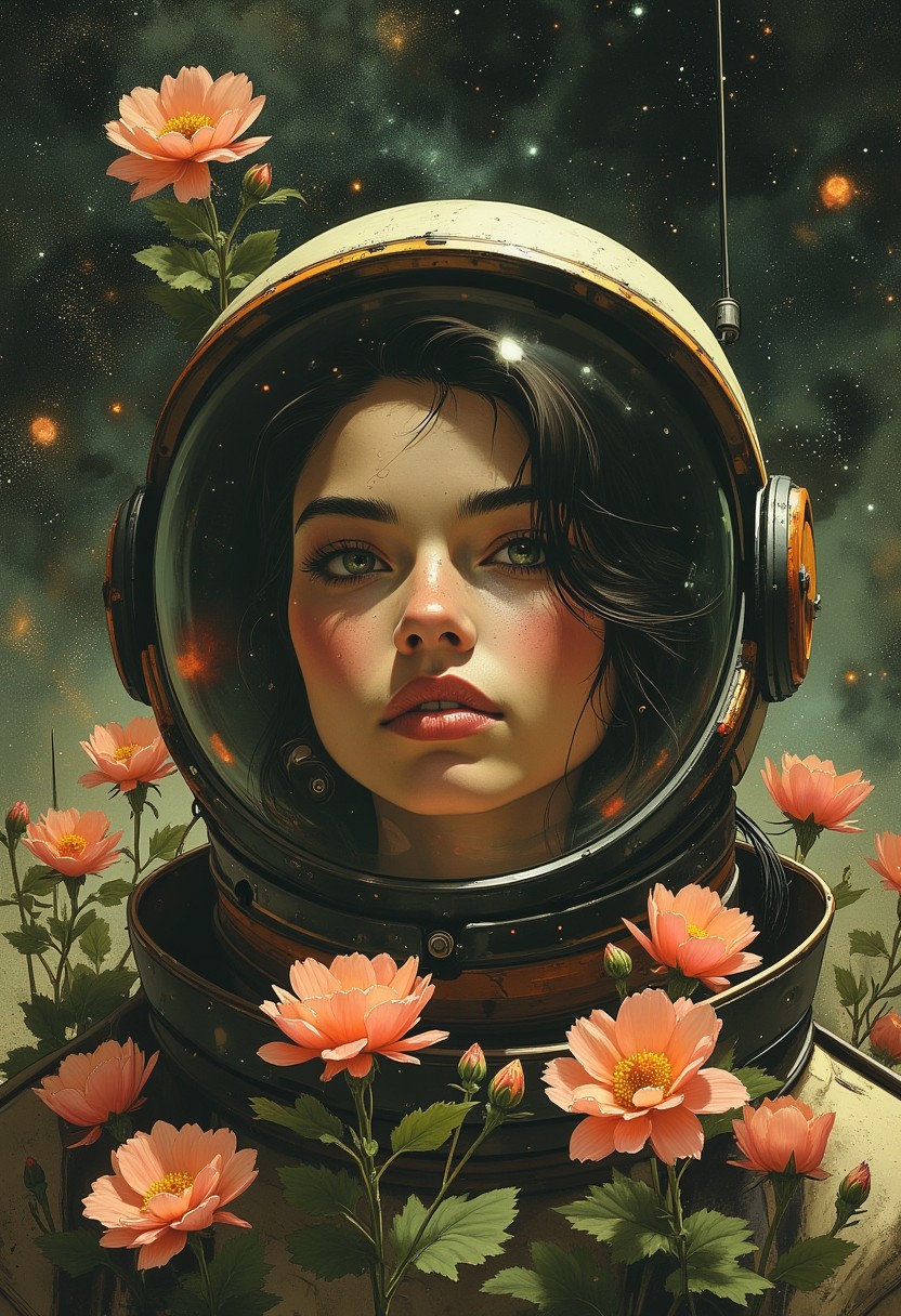 A young woman inside a space helmet, 
gazing thoughtfully. 
She has wavy dark hair, and the visor of her helmet is clear, showing her serene expression. Around her,  peach-colored flowers, creating a contrast between the soft, delicate blooms and the hard, futuristic space helmet. The background is a cosmic, starry scene, blending elements of nature and space