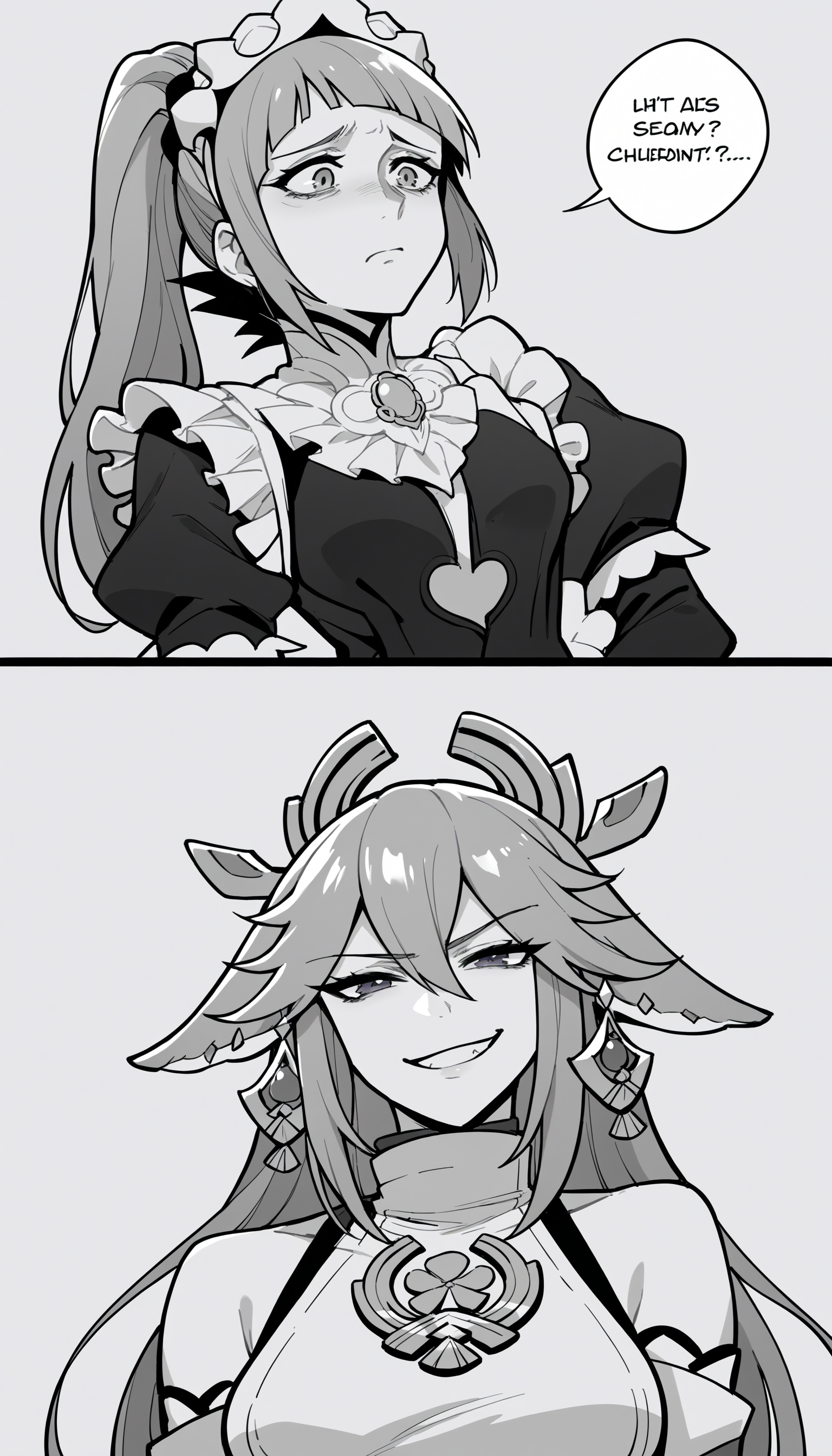 score_9, score_8_up, score_7_up, source_anime, solo, monochrome, lineart, manga, speech bubble, talking, comic, 2koma,
BREAK feliciadef, ponytail, maid headdress, brooch, maid apron, black thighhighs, bridal gauntlets <lora:felicia-fe-richy-v1_xl:1>, sad, worried,
BREAK yae miko, smirk, evil smile,