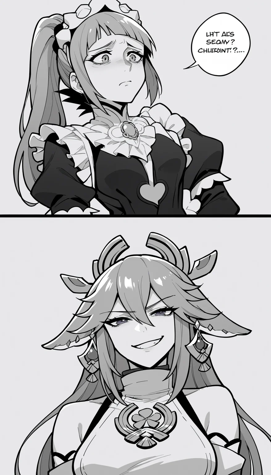 score_9, score_8_up, score_7_up, source_anime, solo, monochrome, lineart, manga, speech bubble, talking, comic, 2koma,
BREAK feliciadef, ponytail, maid headdress, brooch, maid apron, black thighhighs, bridal gauntlets <lora:felicia-fe-richy-v1_xl:1>, sad, worried,
BREAK yae miko, smirk, evil smile,