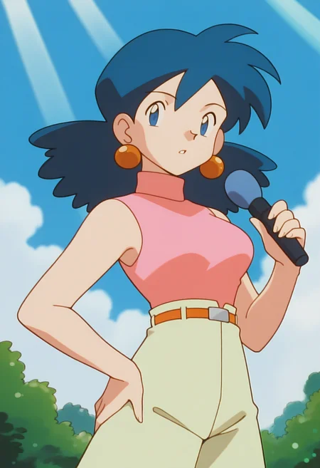 masterpiece,best quality,good quality, <lora:PMRep089:1>, PMRep089, 1girl, solo, earrings, blue hair, flipped hair, blue eyes, breasts,
pink sleeveless turtleneck, orange belt, beige high-waist pants, wide-leg pants,
looking at viewer, hand on own hip, cowboy shot, parted lips, holding microphone, 
BREAK nature, day, light rays, blue sky, cloud, bokeh,