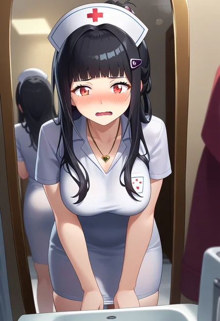 score_9, score_8_up, score_7_up, source_explicit, source_anime,
BREAK
1girl, solo,
<lora:d-nikke-richy-v1_pdxl:0.8>, dwife, black hair, long hair, blunt bangs, hairclip, hair ornament, sidelocks, red eyes, necklace, unworn mask,
nurse cap, nurse,
looking at viewer, embarrassed, wavy mouth, open mouth, full-face blush,
mirror, covering privates, clothes pull, pulled by self,
shiny skin, skindentation,
BREAK
depth of field, lights, illumination,
<lora:GoddessofNikkie_PonyXL:0.5>, Nikkedusk_Style,
<lora:naipony_v3:0.8>,
<lora:darkstyle:0.8>, neodark