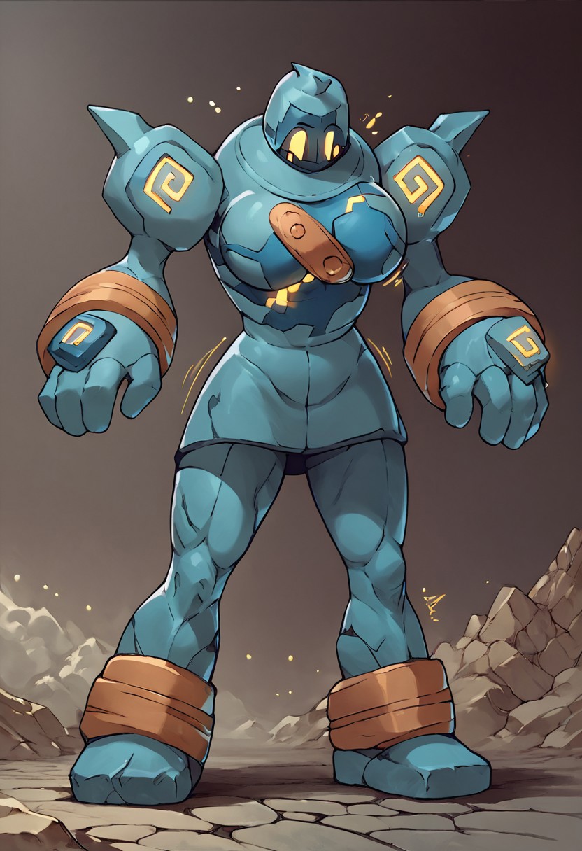 Score_9, score_8_up, score_7_up, 1girl, solo, female, trgrunthgssxl, transforming into golurk, mid transformation, breast expansion, Rocky body, Mouthless, Blue body, yellow accents,