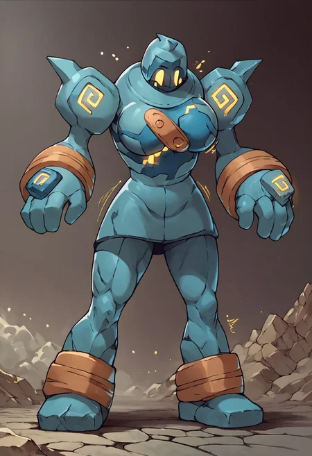 Score_9, score_8_up, score_7_up, 1girl, solo, female, trgrunthgssxl, transforming into golurk, mid transformation, breast expansion, Rocky body, Mouthless, Blue body, yellow accents,