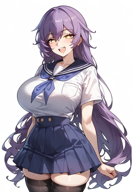 <lora:PONY-c»-Eboraart:0.7> ,score_9. score_8_up. score_7_up. score_6_up. score_5_up. score_4_up, source_anime, 1girl, solo, calm, smile, smirk, seductive, squinted eyes, blushing, open mouth, 1girl, very_massive breasts, wide hips, thin waist, thick thighs, sirin_(honkai), purple hair, long hair, bangs, yellow eyes, serafuku, blue neckerchief, white shirt, short sleeves, blue skirt, pleat skirt, black stockings, cowboy shot, white background, simple background, uncensored,<lora:add-detail-xl:1>,complex background,