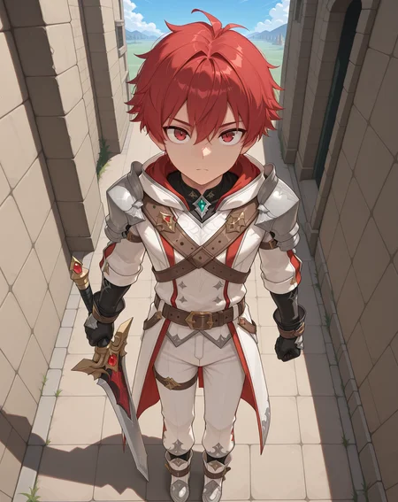 masterpiece, amazing quality, best quality, absurdres, very aesthetic,
1boy, solo, yaoi, male focus, full body, from above, standing, looking at viewer, face focus,
<lora:Elsword_Root_Knight_ilxl:1> elswordrk, red hair, red eyes,
black gloves, shoulder armor, white pants, white jacket, pauldrons, coat, white footwear, belt, boots,
holding weapon, holding sword,
outdoors, day, blue sky,