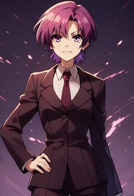 score_9, score_8_up, score_8, medium breasts, (curvy), cute, eyelashes,
rating safe,
BREAK,
zzBazett, short hair, purple eyes, purple hair, mole under eye, necktie, formal black suit,
hand on hip,
BREAK,
smile, looking at viewer, cowboy shot,
abstract background, purple theme,
zPDXL, Expressiveh