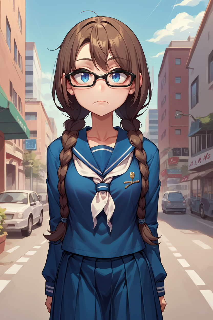 score_9, score_8_up, score_7_up, score_6_up, source_anime BREAK 1girl,  <lora:yoshidasaki-pdxl-nvwls-v1-000006:1> defSaki, blue eyes, twin braids, hair over shoulders, glasses, navy blue shirt, serafuku, white neckkerchief, long sleeves, pleated skirt, stare, looking at you, city, arms at sides, blue sky