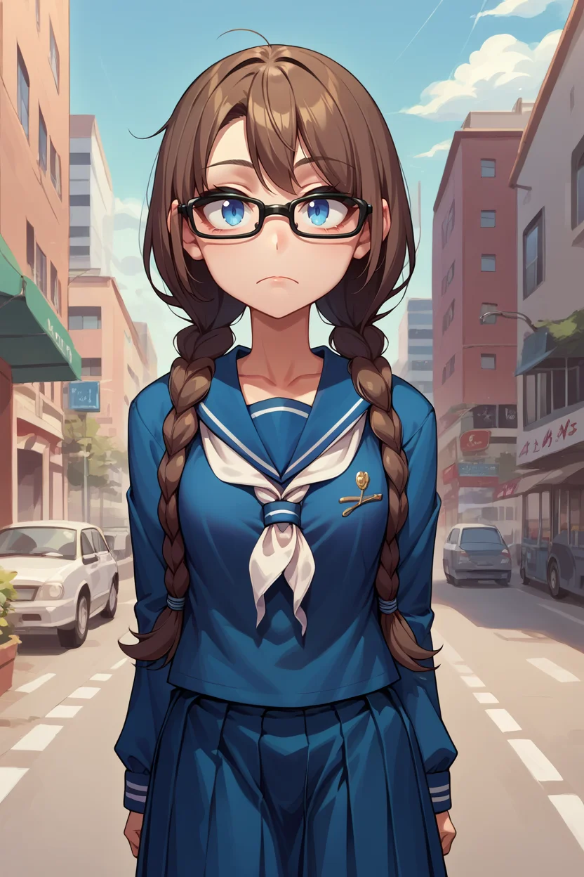 score_9, score_8_up, score_7_up, score_6_up, source_anime BREAK 1girl,  <lora:yoshidasaki-pdxl-nvwls-v1-000006:1> defSaki, blue eyes, twin braids, hair over shoulders, glasses, navy blue shirt, serafuku, white neckkerchief, long sleeves, pleated skirt, stare, looking at you, city, arms at sides, blue sky