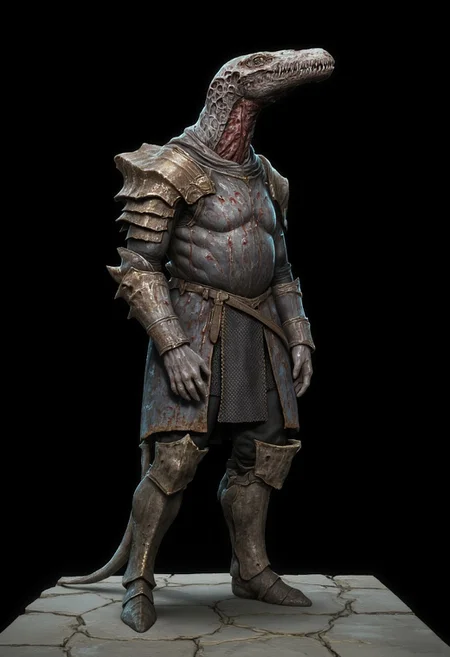 malformed hobo Miner lizardman in a roman soldier armor mixed with legionnaire attire, Toad shaped skull, elongated cobra neck, horse hoofs instead of legs
Standing on a flat ground
Set against a solid dark black color background to emphasize its unsettling unnatural form that emphasizes its silhouette. The medium is not a traditional painting or illustrative medium like watercolor or ink but rather a digital 3D rendering.
MikeFranchinastyle, bbstyle,, horror theme,, ZBClay model of a gray sculpture, zbrush, d4arks0uls, overcast lighting