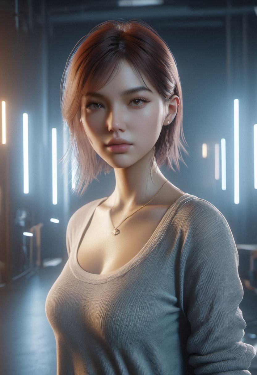 Graphics Unreal Engine 5, 3D Modeling, UV Mapping, Texture, Rendering, Graphics quality ray tracing, Particle System, 3D Manufacturing Formats, A character with an hourglass body wearing shorts clothes with high to low view, a colder color grading, cinematic color, cinematic lightings, fresh colors, hot,sexy,breast,thunder lights. 4k resolution, ultra HDR, and ghostly beauty, glowing clones
