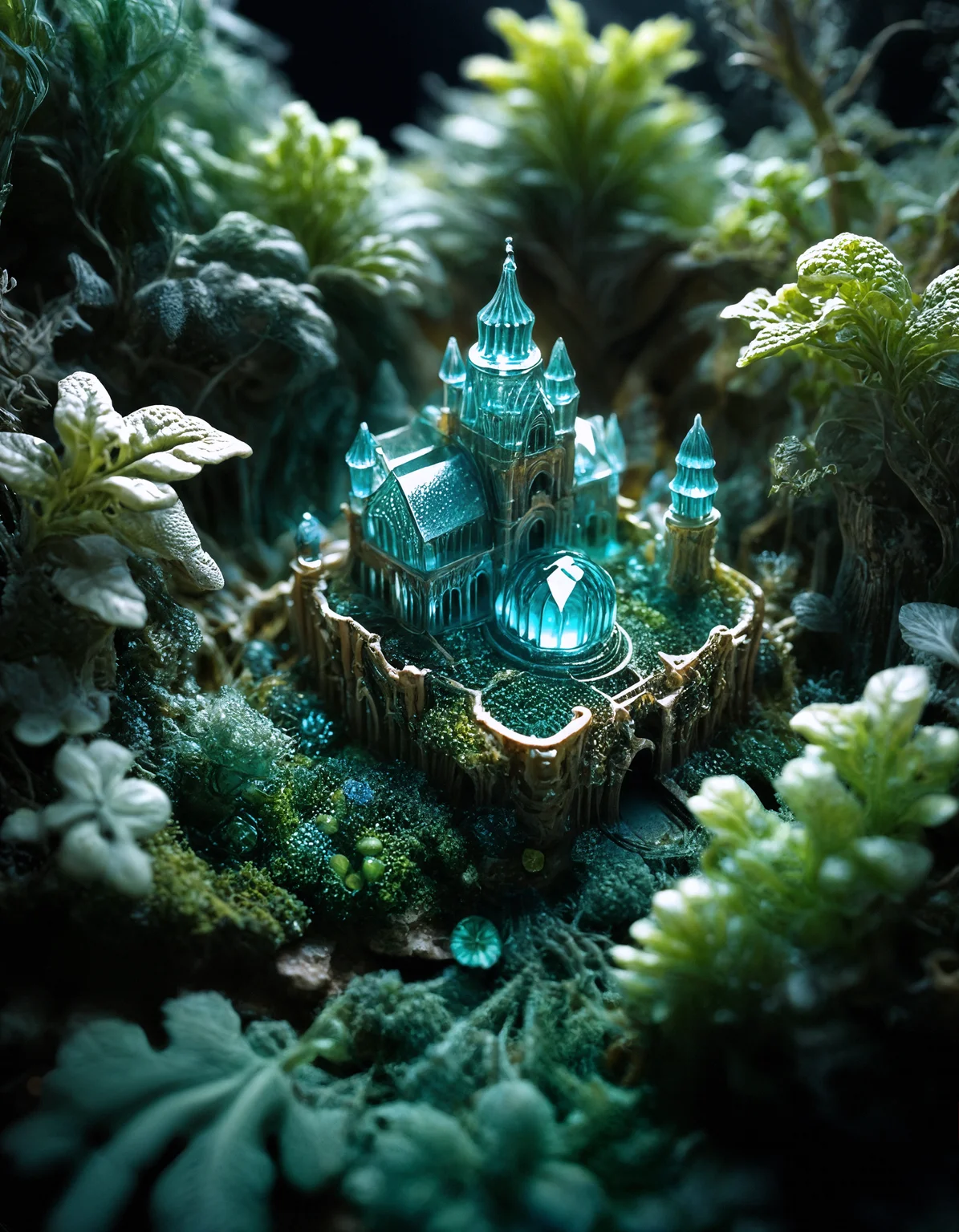 cinematic still Translucent Organelle Unfolding Metamaterial Parouflaged Prime NeuralNano, Miniature castle Emerald foliage Colorful petals . emotional, harmonious, vignette, 4k epic detailed, shot on kodak, 35mm photo, sharp focus, high budget, cinemascope, moody, epic, gorgeous, film grain, grainy