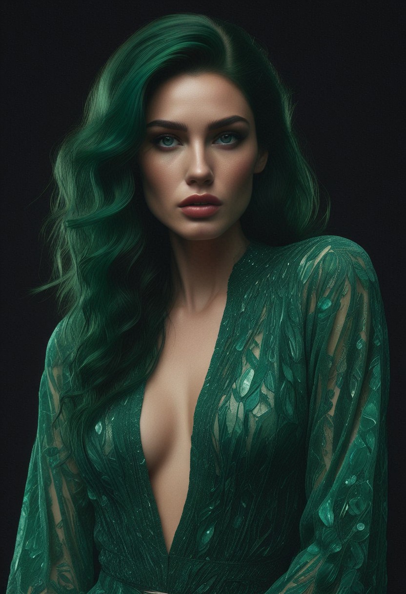 (Soft Lighting Photography by Mimoza Veliu and Mario Giacomelli:1.4),NSFW, upper body, minimalist illustration, one woman, emerald hair, seductive, charming woman, charmful looking, captivating, see through loose wet red blouse, cleavage, minimalist, slender frame, detailed , style of malcolm liepke,film grain, cinematic film still, highly detailed, high budget, cinemascope, epic, OverallDetail, gorgeous, photorealistic, candid camera, color graded cinematic, eye catchlights, atmospheric lighting, imperfections, natural,emeraldmorph