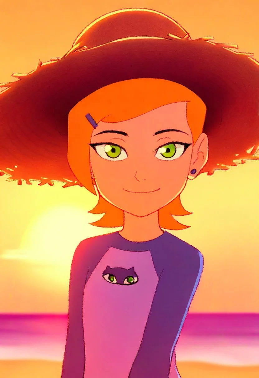 masterpiece, best quality, Gwen_Tennyson, 1 girl, alone, orange hair, short hair, straw hat, beach hat, green eyes, looking at viewer, smile, shirt, upper body, on the beach, sunset <lora :GwenTennyson_Ben10_illustrious_Leaf1-000019:1>