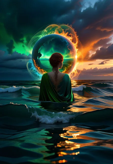 Revealed are the legends coronal
In a fiery illusion
An esoteric festival
The logical is trapped in confusion
Unmasked are theorems of invocation
Consigned to the thirsty soul
Parallel dimension's fragmentation
With a stronghold in a black hole
Where phantoms channel the connection
In a metaphysical drama
Like Maxwell's demon if taught to perfection
My eyes, the soul's panorama
At childhood I felt a concealed motion
(wisdom through the mother's milk)
Waves in the interstellar ocean
Shapes under veils of silk
Still they let me feel their presence
The archetype around me, inside me
In every atom and second their essence
As well as in the vibration frequency of the open sea
Rainbows in colours never seen
In symbioses with Nordic light that flashes in green
In rapids of blood glorious
And in the reckless fire victorious
I can trace their mark