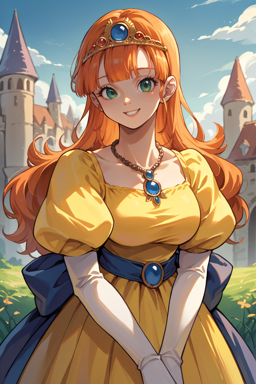score_9, score_8_up, score_7_up, score_6_up, source_anime, 1girl, solo  <lora:dqlaura-pdxl-nvwls-v1-000005:1> dqlaura, orange hair, tiara, yellow dress, puffy sleeves, elbow gloves, white gloves, looking at you, smile, big breasts, upper body, necklace, blue sky, medieval, castle