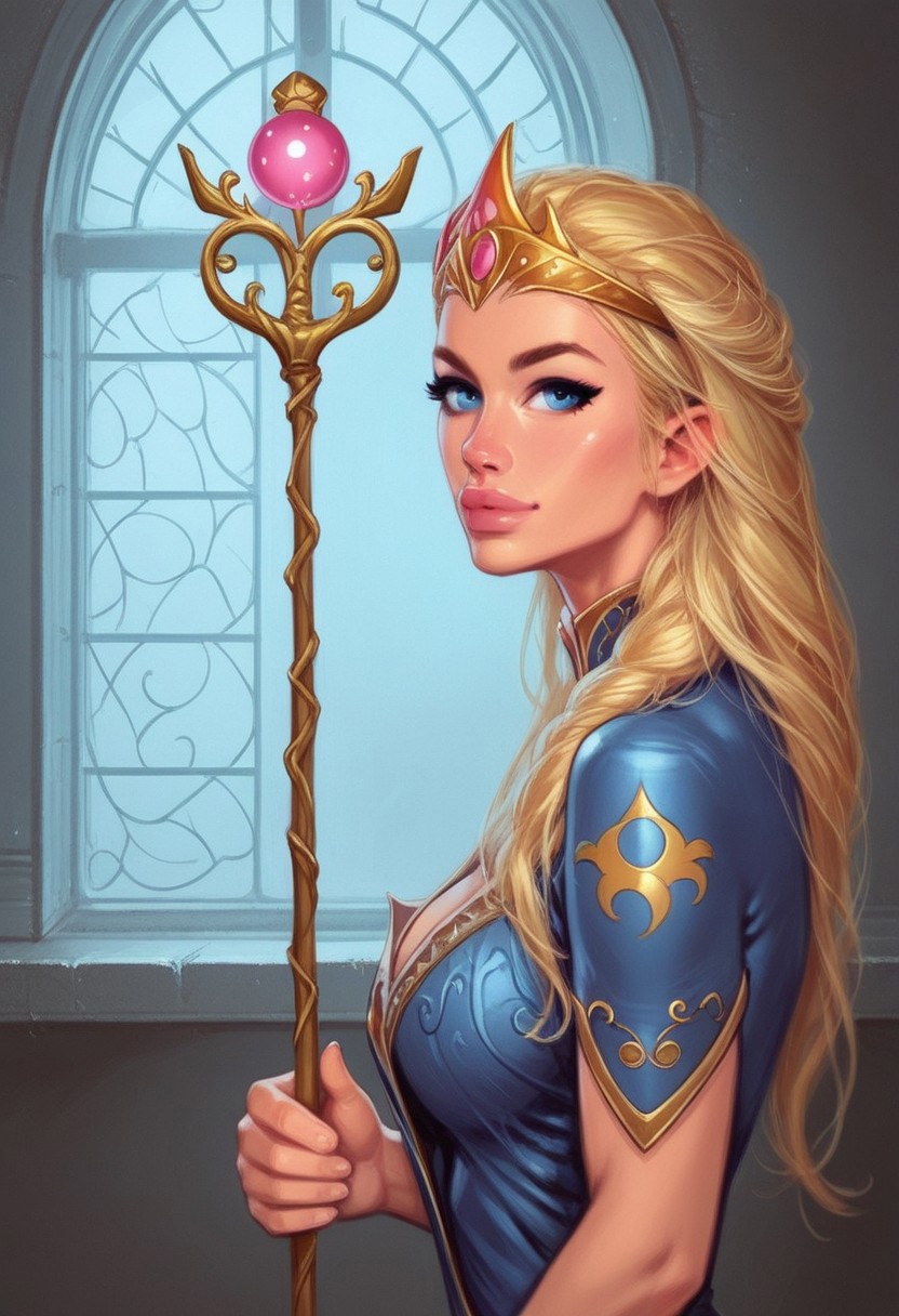 1girl, (((side view))), from front, solo, illustration, comic style, highly detailed, skinny, model body, looking at viewer, masterpiece, best quality, 1girl, masterpiece, best quality, fayenchantress, 1girl, solo, blonde hair, long hair, blue eyes, (young beauty, fit body:1.3), ((((magic shining orb in staff right hand, opened magic book in left hand)))), ((((full magic clothes, tiara)))), dynamic pose
<lora:FayEnchantress:0.9>
BREAK 
(((dark magic Observatory inside, night sky in window:1.6)))) score_9, score_8_up, score_7_up, score_6_up, source_cartoon, rating_explicit, Expressiveh, ((((upper body))))), dynamic pose