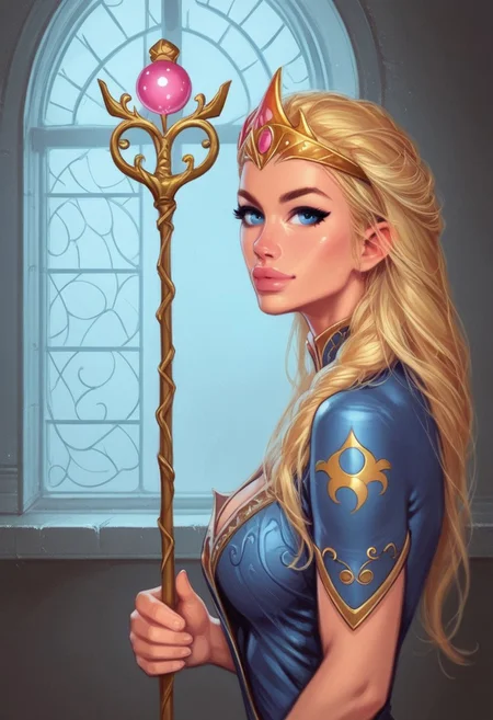 1girl, (((side view))), from front, solo, illustration, comic style, highly detailed, skinny, model body, looking at viewer, masterpiece, best quality, 1girl, masterpiece, best quality, fayenchantress, 1girl, solo, blonde hair, long hair, blue eyes, (young beauty, fit body:1.3), ((((magic shining orb in staff right hand, opened magic book in left hand)))), ((((full magic clothes, tiara)))), dynamic pose
<lora:FayEnchantress:0.9>
BREAK
(((dark magic Observatory inside, night sky in window:1.6)))) score_9, score_8_up, score_7_up, score_6_up, source_cartoon, rating_explicit, Expressiveh, ((((upper body))))), dynamic pose