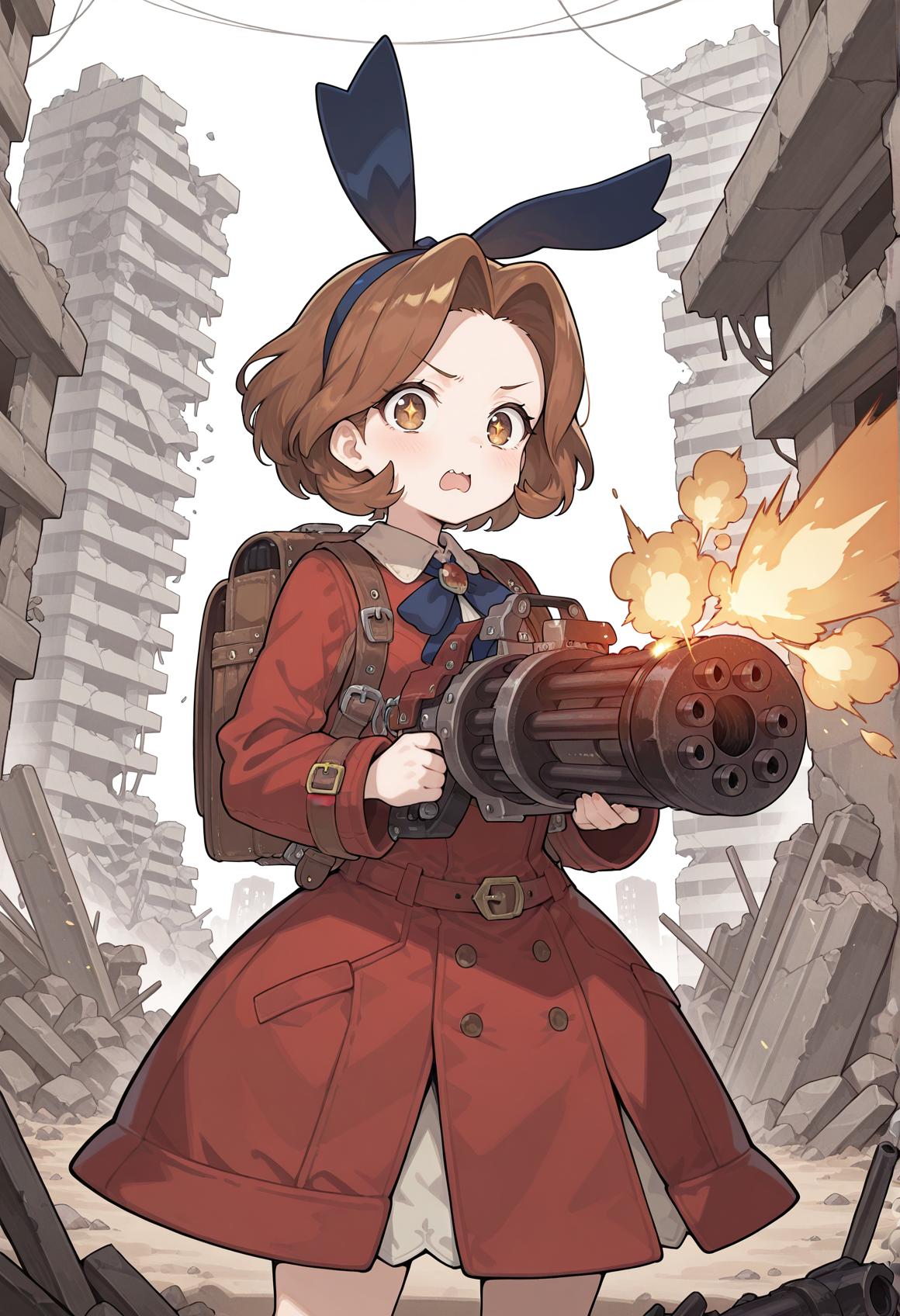 1girl, brown hair, brown eyes. short hair, red coat, hairband, solo, backpack, standing, ruins, XD, holding gatling gun, firing at viewer,   <lora:carol_wild_arms:0.8>, masterpiece, best quality, amazing quality, very aesthetic, absurdres, highres, newest