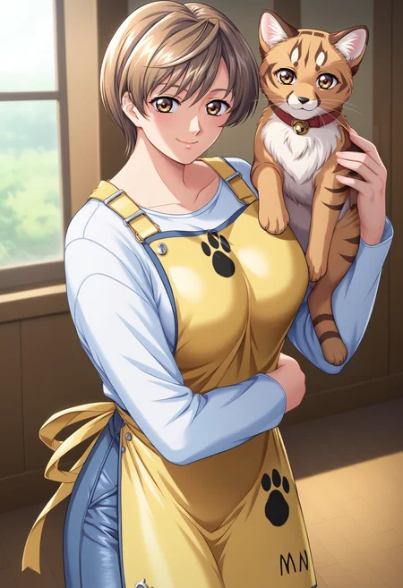 score_9, score_8_up, score_7_up, BREAK maedan, 1girl, short hair, yellow apron, holding cat, brown hair, indoors,, brown eyes, holding animal, paw print,blue skirt, looking at viewer, cowboy shot, white shirt, standing, smiling,long sleeves,denim,<lora:Maeda:1>