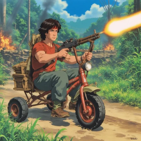 score_9, score_8_up, score_9_up, anime style, rambo, Satllone as Rambo rides a tricycle, red tricycle, small trycicle, shooting a machine gun, machine gun, outdoor, in the jungle, jungle in the background, explosions in the background, war, dynamic view