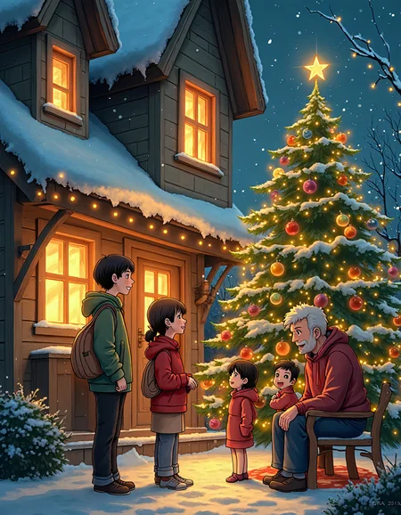A beautifully detailed, retro-animated, cinematic rendition of a heartwarming Christmas homecoming, complete with twinkling fairy lights adorning the snowy exterior of a cozy family home. Inside, the warm, glowing interior is filled with laughter, love, and the comforting aroma of homemade cookies. Characters are all drawn with expressive, anime-inspired features and each member of the family, from grandparents to children, is depicted with extraordinary detail and genuine emotion, as they gather around a towering, ornate Christmas tree that shimmers with countless multicolored ornaments., small chest, aesthetic_pose, Flux.1 D: Creative Effects & Design LoRA Pack (In-Context LORA) | home-decoration | 13 used, Flux.1 D: Ink-style | ink-dynamic | 7 used, dynamic_pose, dramatic_lightning
